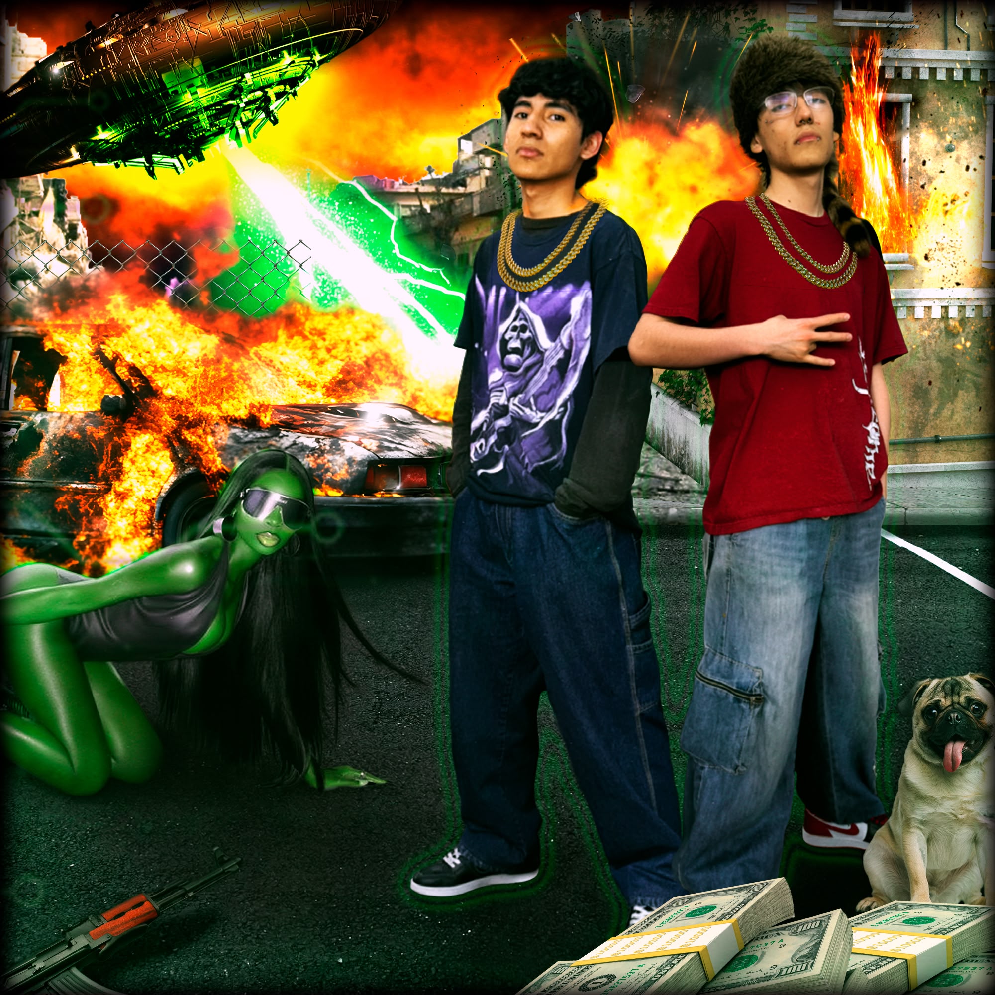 Portada de MARCIAÑEROS.com, con dos personas, calle, fuego y una nave extraterrestre verde