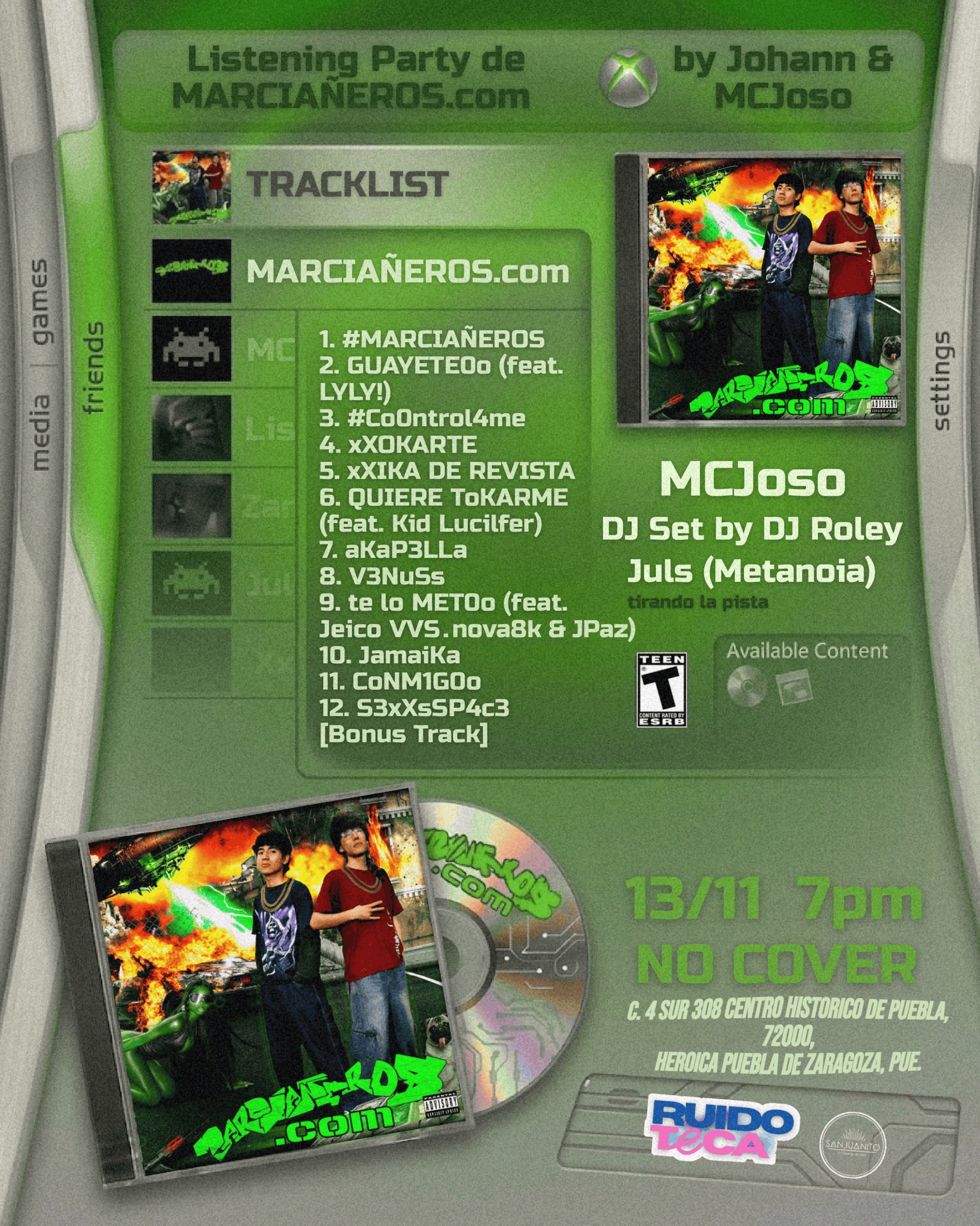 Flyer Listening Party de MARCIAÑEROS.com por Johann y MCJoso. 13/11, 7pm, no cover. Tracklist y participantes en el flyer.